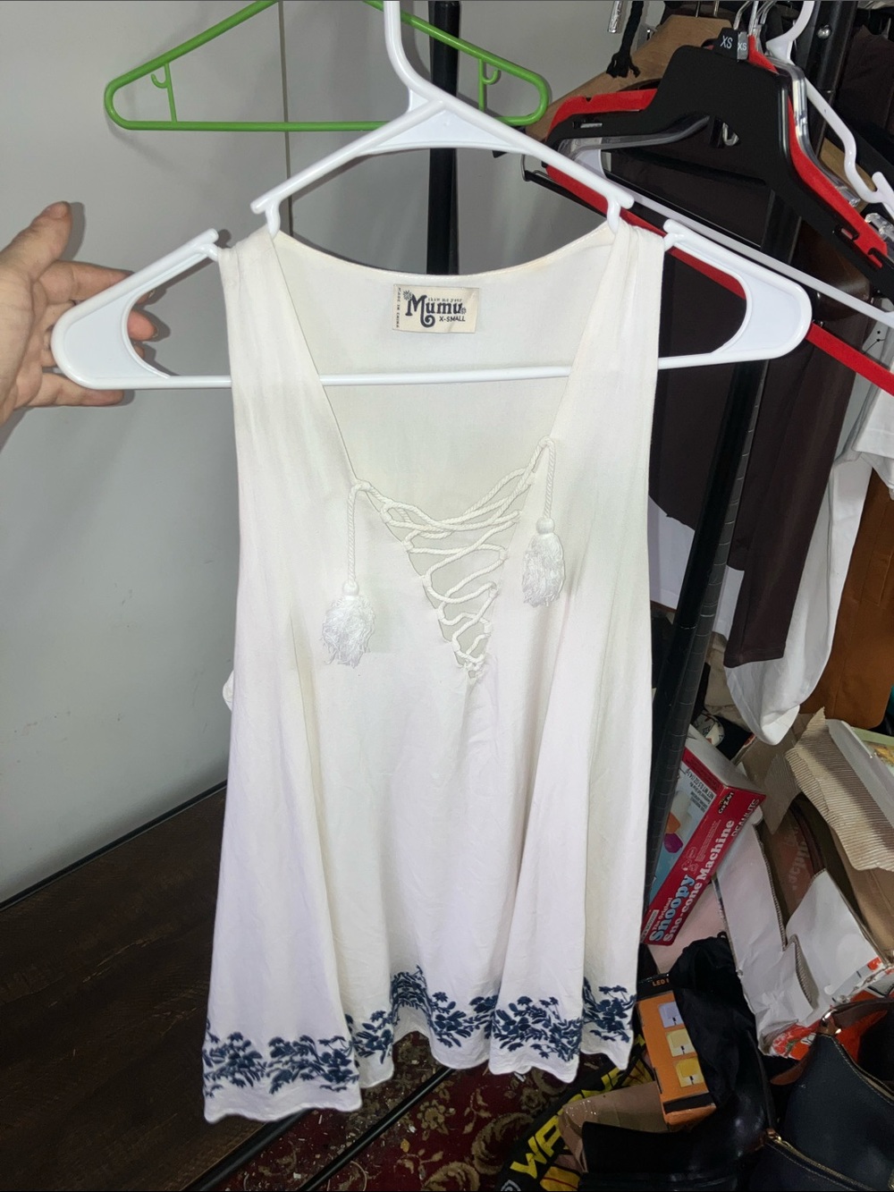 Show Me Your MuMu White lace up dress with Blue Embroidered Hem